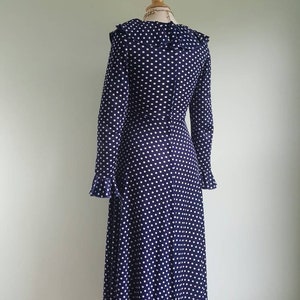 Vintage 1960s 1970s Navy Blue Polka Dot Long Dress, Long Sleeves, White ...