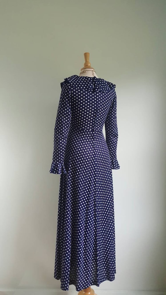 Vintage 1960s 1970s navy blue polka dot long dress, l… - Gem