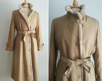 Vintage 1970s camel tan trench look winter coat, teddy bear shearling faux fur, fit and flare princess A-line, dress or casual, medium