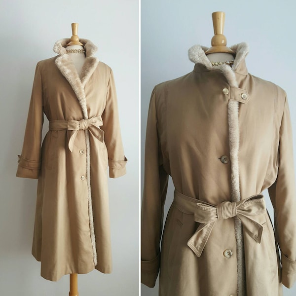 Vintage 1970s camel tan trench look winter coat, teddy bear shearling faux fur, fit and flare princess A-line, dress or casual, medium