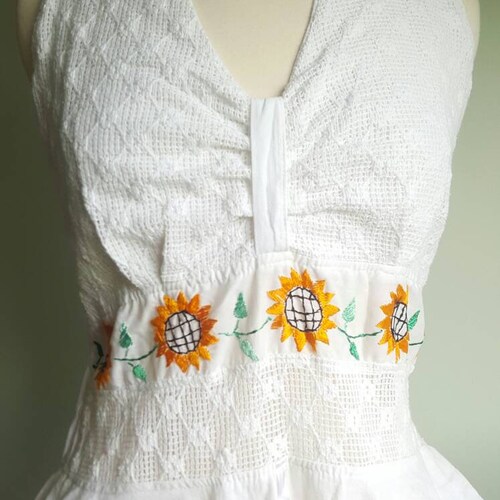 Vintage 1970s white gauzy cotton and embroidered sunflower halter dress, openwork lace bodice, ultra full skirt, handkerchief hem, shops M/L