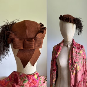Vintage 1940s, 1950s brown wool felt hat ostrich feather and wool-ribbon scalloped trim, percher fascinator pillbox, formal dress or casual