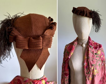 Vintage 1940s, 1950s brown wool felt hat ostrich feather and wool-ribbon scalloped trim, percher fascinator pillbox, formal dress or casual