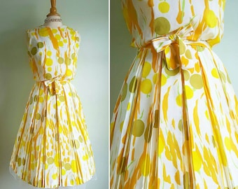 Vestido de cóctel vintage de martini de oliva y cítricos de la década de 1960, blusa sin mangas, falda plisada completa, verde, amarillo, naranja, vestido de fiesta, pequeño