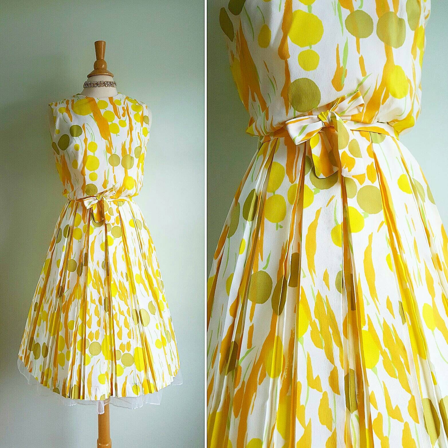 Vintage 1960S Olive & Citrus Martini Cocktail Dress, Sleeveless Blouson Top, Full Pleated Skirt, Green, Yellow, Orange, Party Gown, Small