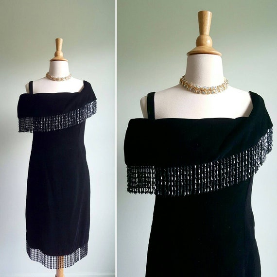 Vintage 1980s does 1920s 1930s black silky velvet… - image 1