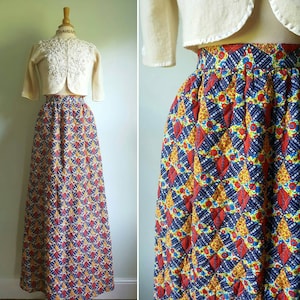 Vintage 1960s 1970s patchwork quilted maxi skirt, pockets, red, white, blue, green and yellow floral and star pattern