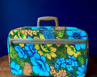 Maleta vintage con estampado floral brillante de los años 60 y 70, bolso de viaje, bolso de mano, azul, naranja, verde aguacate, equipaje de mano de viaje psicodélico