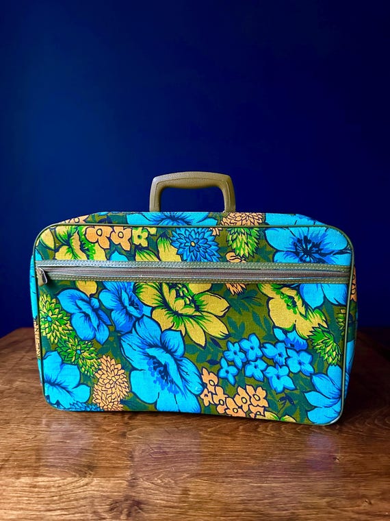 Vintage 1960s 1970s Bright Floral Suitcase, Overnight Bag, Tote