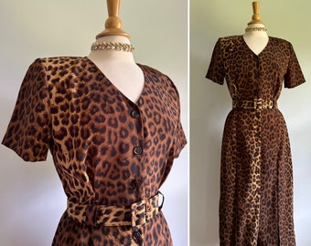 Vintage 1990s does 1940s leopard print long V neck dress, brown, black, stretch with short sleeves, button front, medium