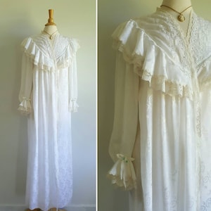 Vintage Christian Dior white dress robe, 1980s does Edwardian Victorian, floral, lace trim, puff poet sleeves, blue trim, wedding, bride