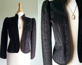 Vintage 1970s chocolate brown velvet jacket, velveteen channel quilted open coat, Victorian Edwardian style, high neck, puff sleeves