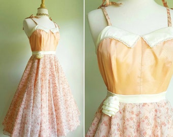 Vintage 1970s does 1950s peach and cream taffeta and floral chiffon dress, shoulder ties, full skirt, cocktail, wedding, formal, party gown