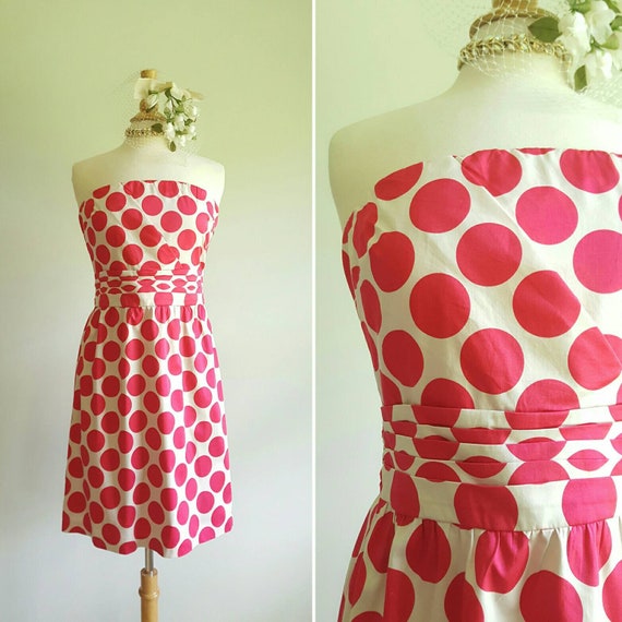 Beautiful Y2K Does 1950s 1960s Polished Cotton Bright Pink Polka Dot  Strapless Dress, Party, Wedding, Formal, US 10 Medium 