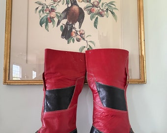 Vintage Asian Tibet Mongolian red and black leather boots, traditional tribal art, display
