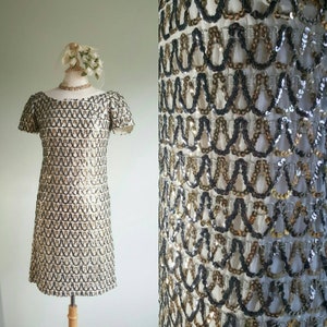 Vintage 1960s designer Frankie Welch dress, gold, silver metallic sequins, ivory cream white shell, cocktail, wedding gown, sequin formal