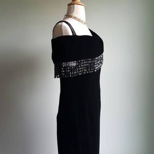 Vintage 1980s does 1920s 1930s black silky velvet deco beaded dress, off shoulder, beaded fringe shawl neck and hem, flapper look, party image 6