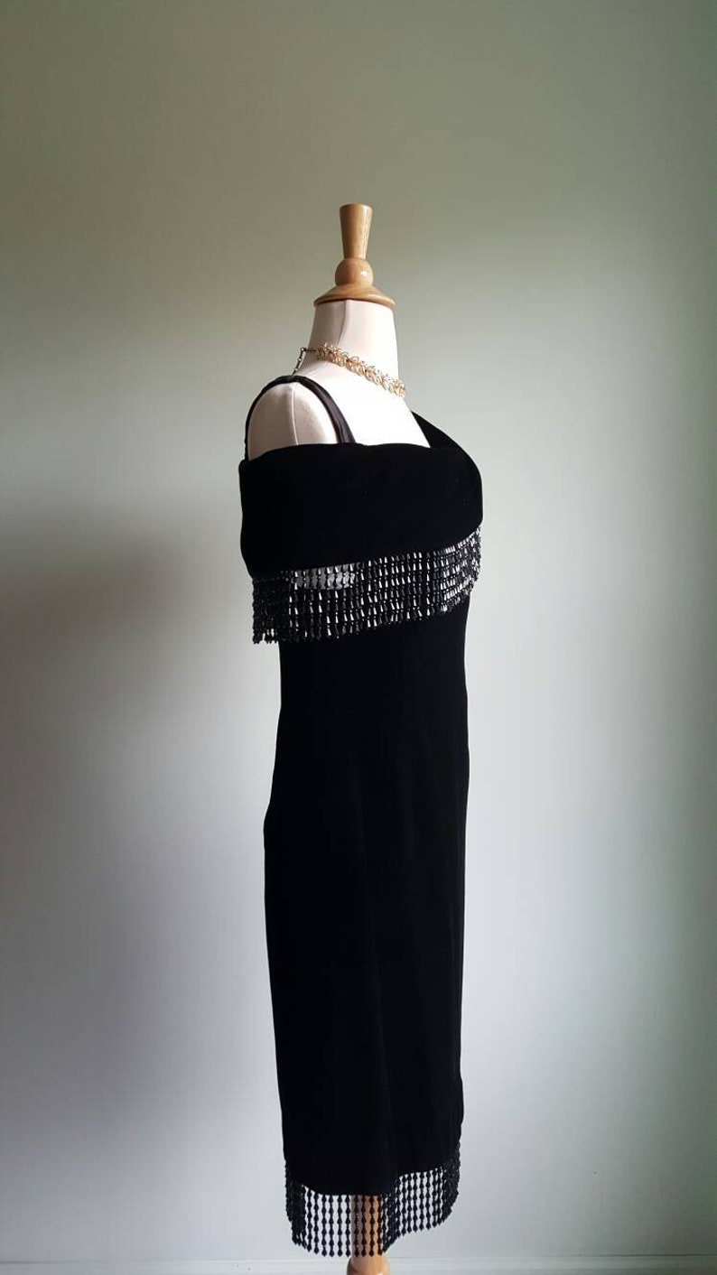 Vintage 1980s does 1920s 1930s black silky velvet deco beaded dress, off shoulder, beaded fringe shawl neck and hem, flapper look, party image 6