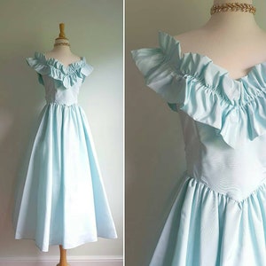 Vintage 1970s 1980s pale baby aqua blue Gunne Sax dress, taffeta pastel formal princess gown, off shoulder ruffle, full skirt image 1