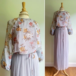 Vintage 1970s lavender gray long maxi dress, gold floral chiffon gown, crinkle pleat skirt, long balloon sleeves, medium