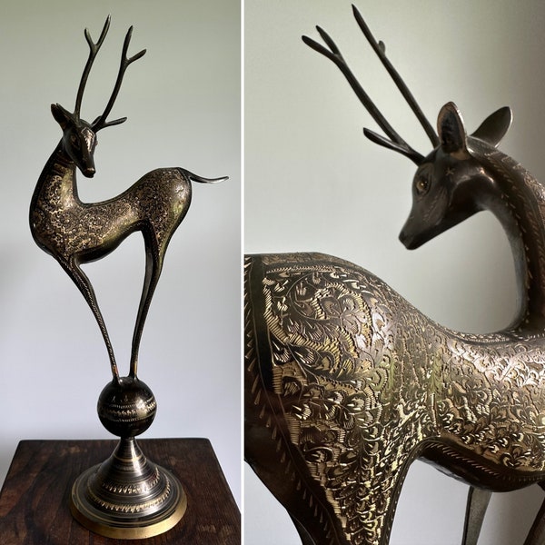 Beautiful ornate large floral hammered metal deer sculpture, figurine decor, bronze tone brass, 21” tall