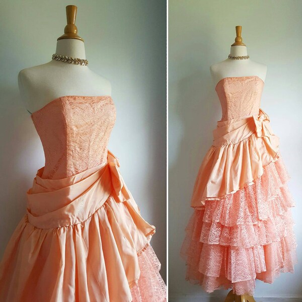 Vintage 1980s does 1950s peach lace formal party dress, cupcake gown, lace tiers, taffeta hip bow, strapless, wedding, prom