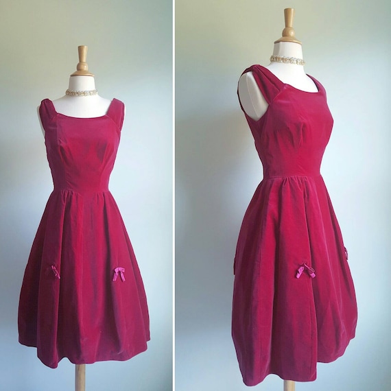 Vintage 1950s Cotton Velvet Violet Red Party Dress 50s Burgundy Wine Party Dress Cocktail Formal Gown Full Crinoline Skirt Fit and Flare Etsy
