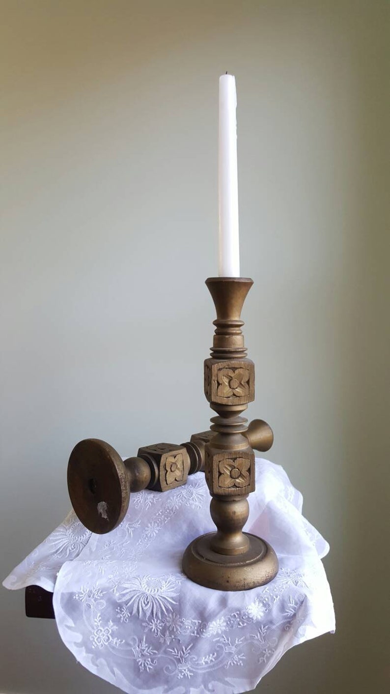 Vintage tall carved wood bronze floral turned candle holders centerpiece coffee table table great for mantel