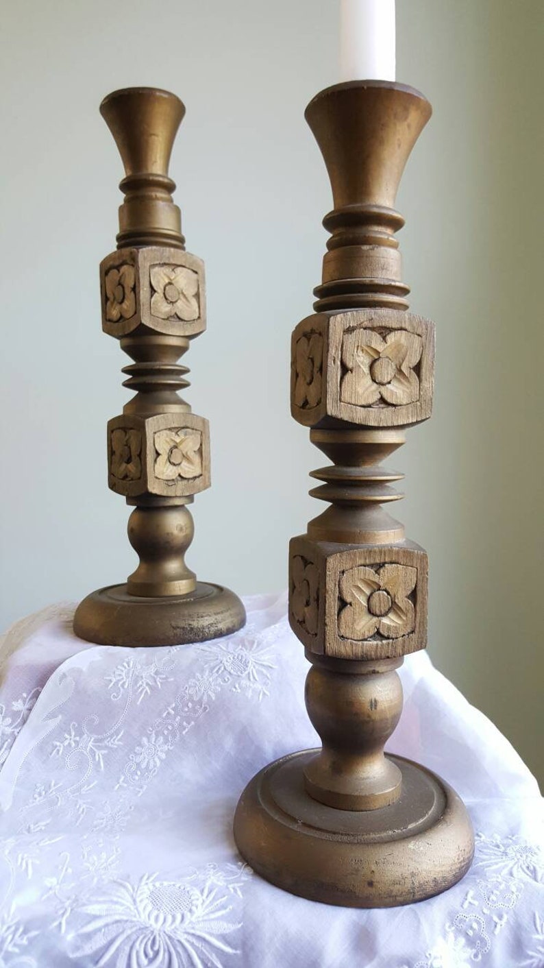Vintage tall carved wood bronze floral turned candle holders centerpiece coffee table table great for mantel