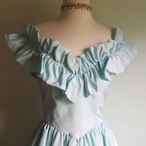 Vintage 1970s 1980s pale baby aqua blue Gunne Sax dress, taffeta pastel formal princess gown, off shoulder ruffle, full skirt image 2