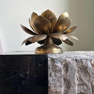 Vintage midcentury Hollywood Regency brass lotus flower taper candle candlestick holder, MCM decor, table mantel