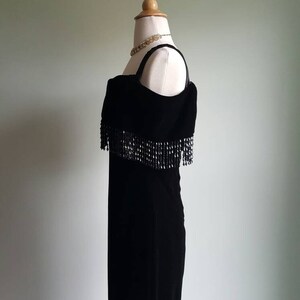 Vintage 1980s does 1920s 1930s black silky velvet deco beaded dress, off shoulder, beaded fringe shawl neck and hem, flapper look, party image 8