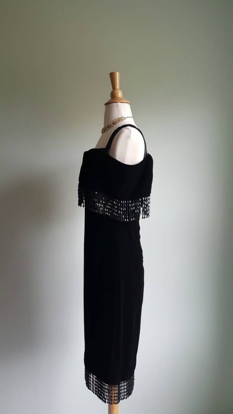 Vintage 1980s does 1920s 1930s black silky velvet deco beaded dress, off shoulder, beaded fringe shawl neck and hem, flapper look, party image 8