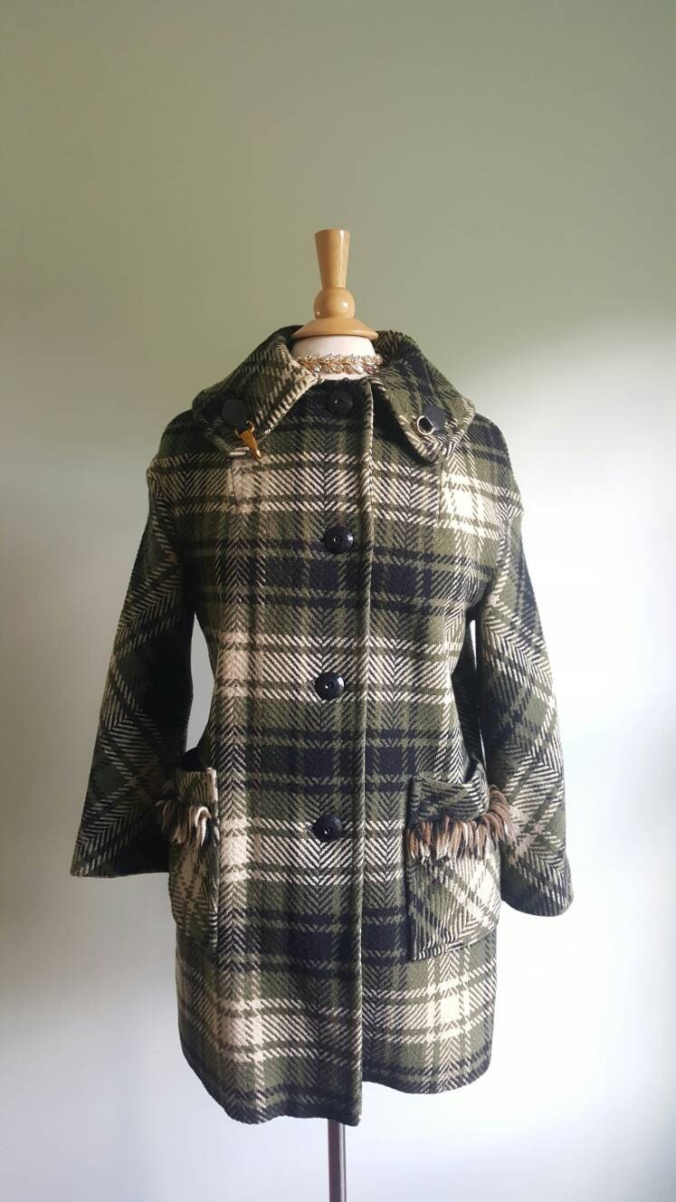 Vintage 1950s 1960s Olive Green Black and Cream Plaid Wool - Etsy