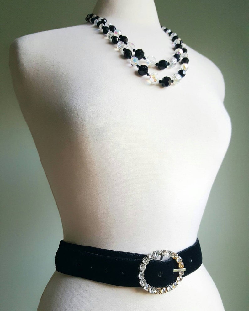 Vintage 1960s does 1920s 1930s jewel buckle black velvet belt, formal, cocktail, special occasion, dress, diamond look image 1