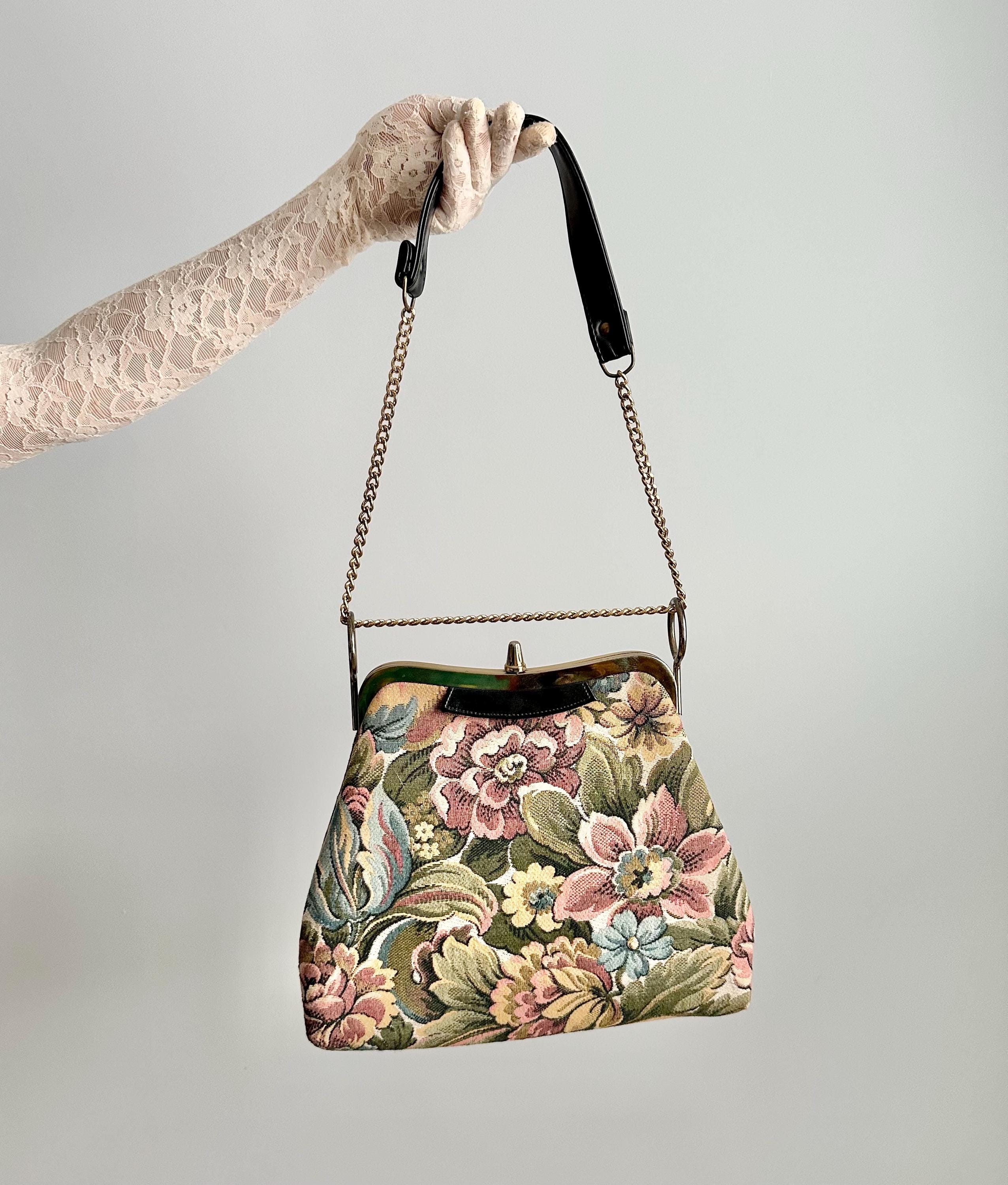 Vintage 1950s 1960s Tapestry Floral Purse, Brass Gold Frame, Black
