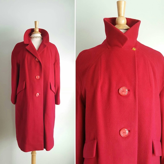 Vintage 1950s Red Cashmere Wool Long Pea Coat, Overcoat, Car Coat