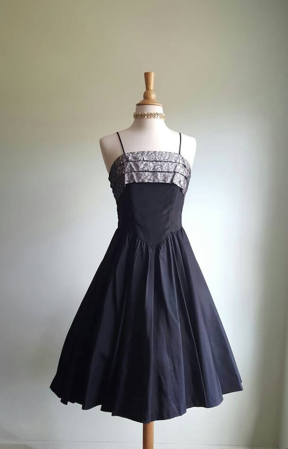 Vintage 1950s black party dress, taffeta formal g… - image 2