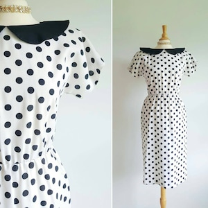 Vintage 1980s does 1950s black and white polka dot dress, Peter Pan collar, medium