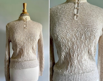 Vintage openwork crochet neutral taupe tan cream sweater, high neck pearl buttons lace look, Victorian Edwardian style, dress or casual