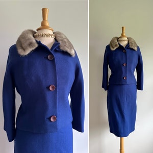 Vintage 1950s 1960s deep cobalt blue fine wool skirt suit, silver mink collar, blazer coat jacket, formal dress or office, medium