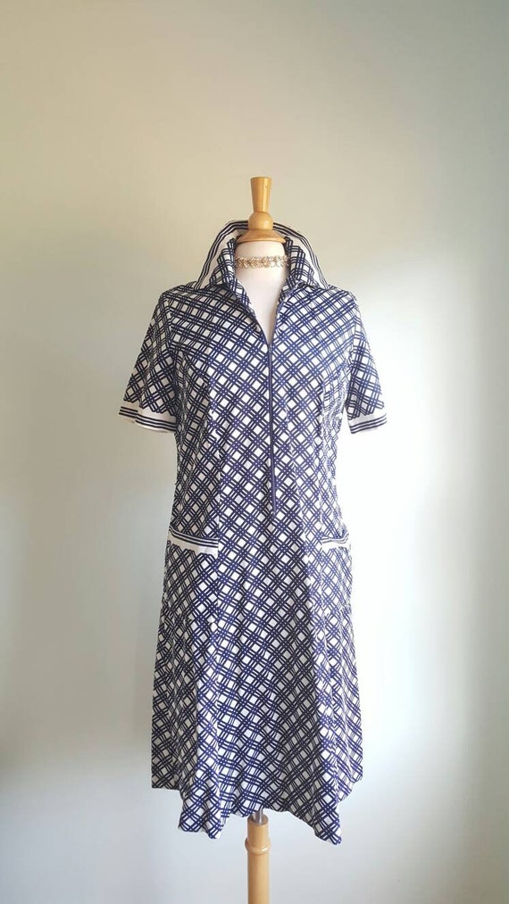 Vintage 1970s does 1930s dark navy blue and white… - image 2