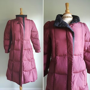 Vintage 1980s does 1940s mulberry wine down puffer coat, long winter coat, burgundy and black, dress or casual, warm and cozy, medium