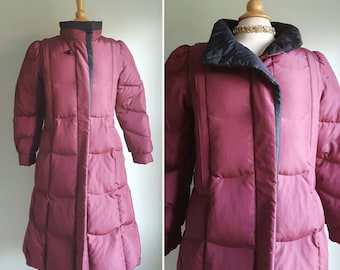 Vintage 1980s does 1940s mulberry wine down puffer coat, long winter coat, burgundy and black, dress or casual, warm and cozy, medium
