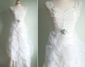 Vintage 1970s white princess Lorrie Deb chiffon gown, cap sleeves, ruched corset bodice, ribbon, blue flower, wedding formal party dress