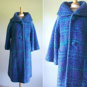 Vintage 1950s 1960s Lilli Ann pavo real abrigo de vestir a cuadros, azul agua turquesa, lana de pestañas mohair púrpura