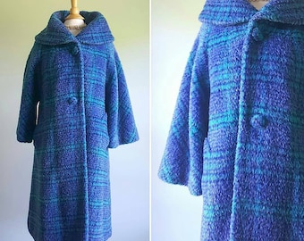 Vintage 1950s 1960s Lilli Ann peacock plaid dress coat, turquoise aqua blue, purple mohair eyelash wool