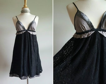 Vintage Free People lingerie babydoll teddy nightgown dress, empire waist, 1920s Edwardian style, black crochet lace, silver metallic, tunic