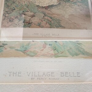 Vintage antique 1800s Victorian, Edwardian art lithograph, Village Belle by Percy Moran, eggshell paper; poster advertising, late 1800s imagen 10
