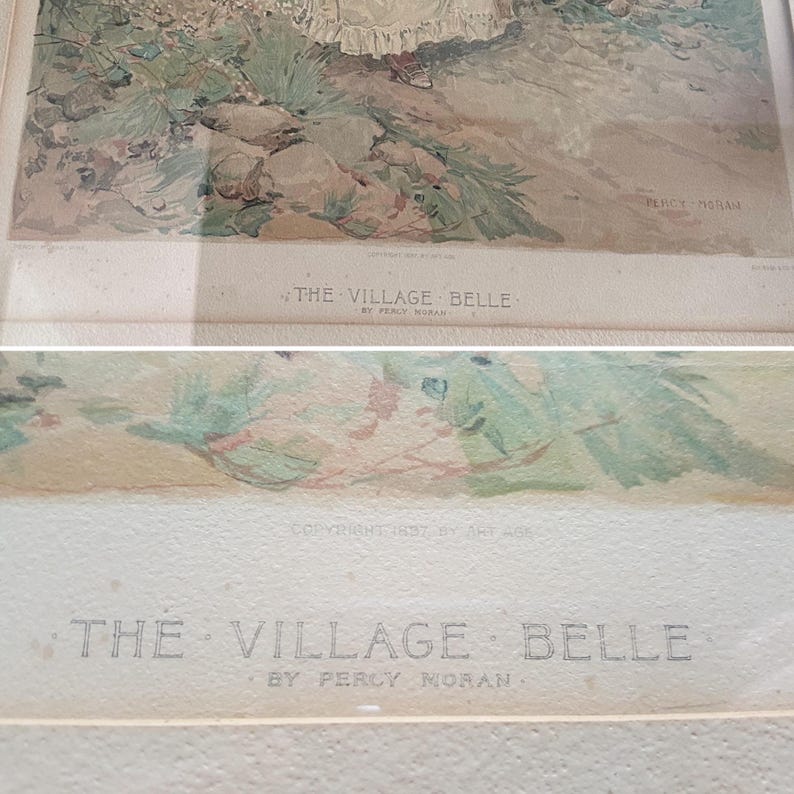 Vintage antique 1800s Victorian, Edwardian art lithograph, Village Belle by Percy Moran, eggshell paper; poster advertising, late 1800s imagen 10